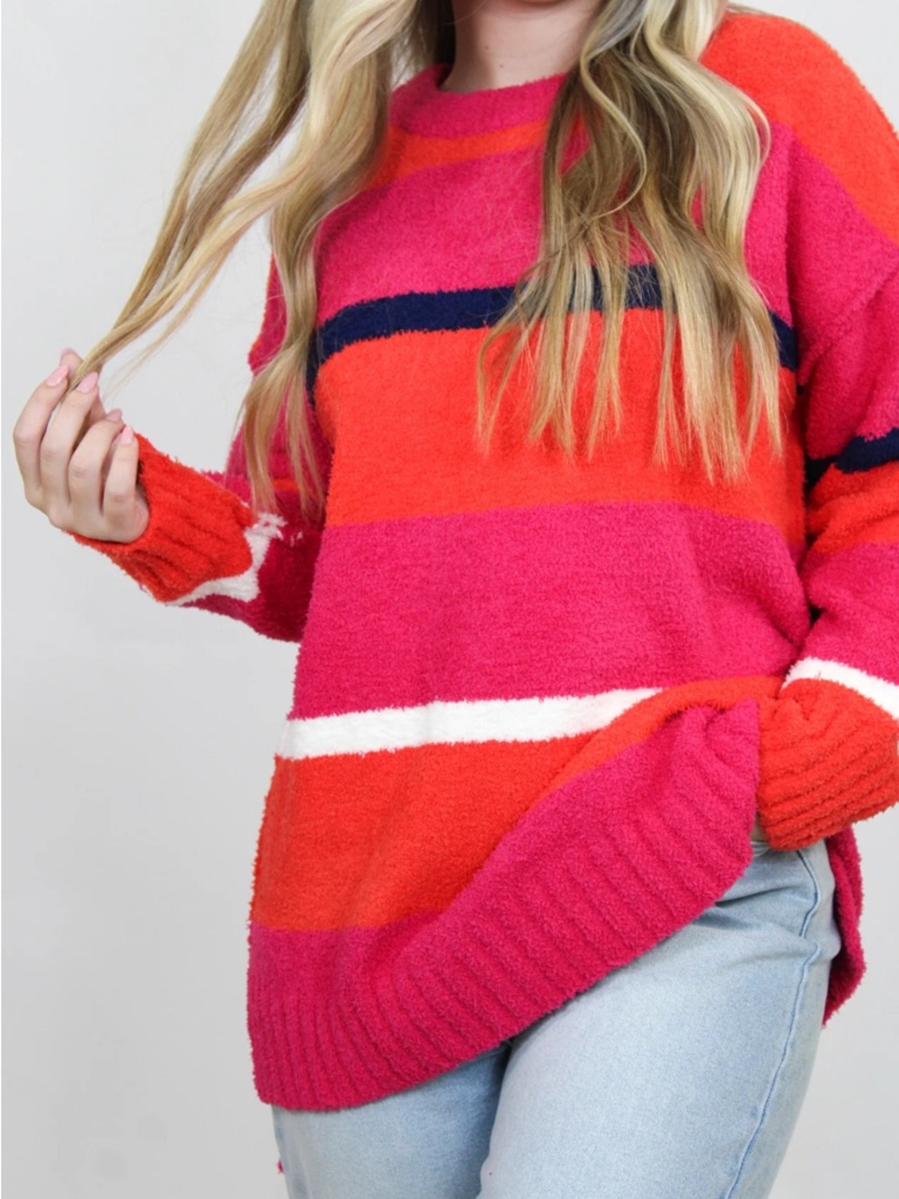 New Entro Women's Striped Cozy Crewneck Sweater Pink & Orange small